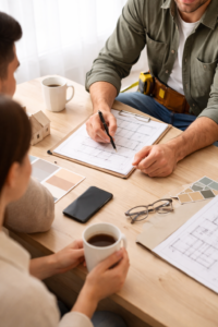 Construction consultation in University Place WA with contractor reviewing project plans